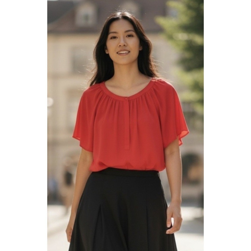 Ann Taylor Red Career/Dressy‎ Top Relaxed Wide-Half-Sleeve Popover Half-Button L